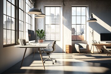 Fototapeta na wymiar Sunlit loft-style office with city view, white workspaces, glossy floor, concrete floor, metallic lamps. 3D rendering. Generative AI