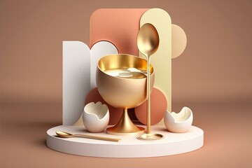 3D podium with small plate and spoon, ideal for drink menu background for social media templates and online promotion. Rendered in 3D. Generative AI