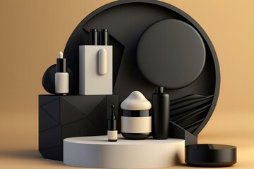 Round black cosmetic podium with geometric shapes for minimal product display. Generative AI