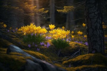 Yellow crocuses blooming in forest. Generative AI