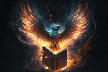 A fiery phoenix rising from its ashes for a book cover. Generative AI - obrazy, fototapety, plakaty
