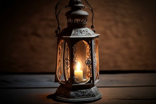 An image of a lit lantern adorned with a candle. Generative AI