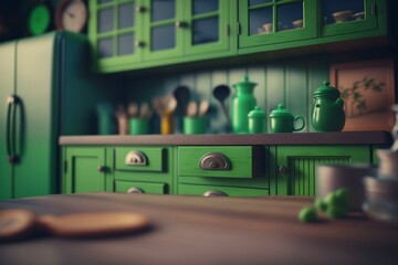 Green vintage kitchen furniture on countertop with blurred background. Generative AI