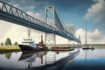 A morning view of Rendsburg high bridge, Kiel Canal with transporter bridge & caravan site in panorama. Generative AI