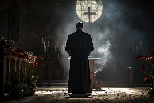 Christian Priest Standing By The Altar. Back View.