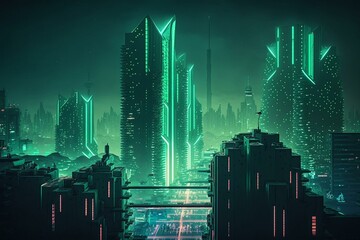 Nighttime cityscape with futuristic architecture lit by green and blue neon lights. Generative AI - obrazy, fototapety, plakaty