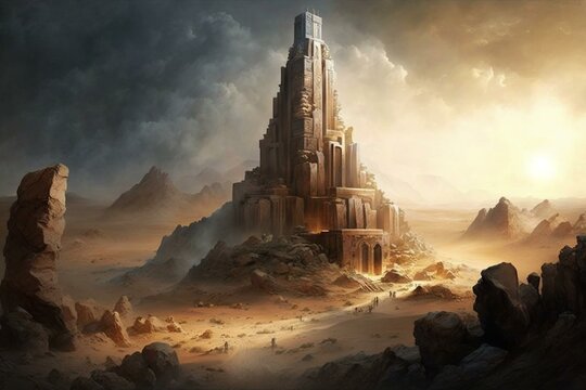 The Babel Tower ruins on a desert hill are impressive. Divine light shines on them, testifying to the Bible. Generative AI