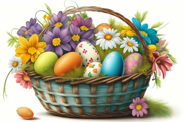 Fototapeta na wymiar Vibrant Easter basket with eggs. Generative AI
