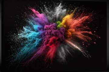 A vibrant burst of colorful powder against a stark black canvas, bordered in white. Generative AI