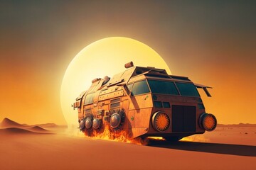 A car powered by the sun driving through the desert. Generative AI