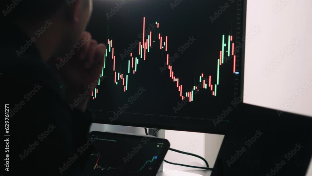 Aufkleber Back view of stock market broker in analyzing data and graphs on multiple computer screens while sitting in modern office.