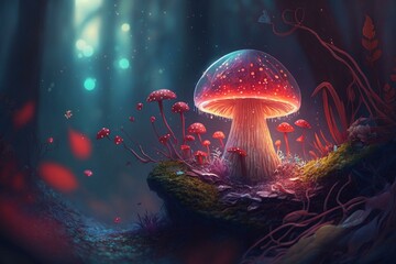 Mystical mushrooms and glowing red crystals in a magical forest with a snail. Generative AI