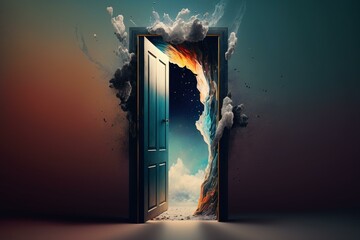 An illustration of a surreal, open door leading to dreams. Abstract concept. Generative AI