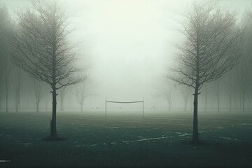 A serene park enveloped in mist with a soccer field. Generative AI