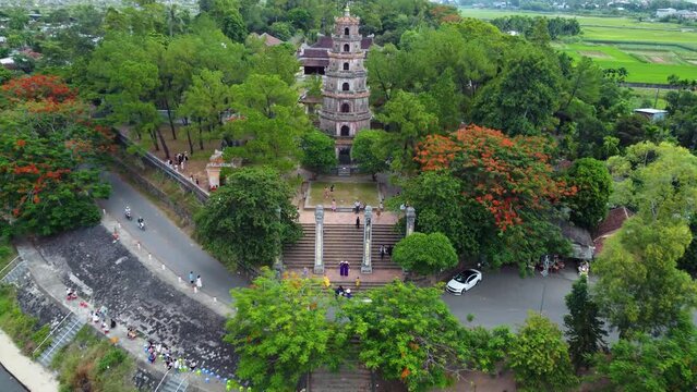 The 21m-high octagonal tower of Thien Mu Pagoda in Hue, Central Vietnam