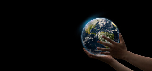 globe blue on hands in space background, earth in adult hands , earth day, world day, energy saving concept, Elements of this image furnished by NASA.