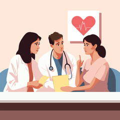 Obraz premium An Empathetic Approach to Women's Healthcare Warmly Toned Vector Illustration of Doctors Listening to a Female Patient's Concerns 