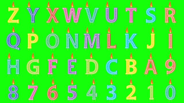 Animated burning candle numbers and letters on green screen background. Alphabet typeface 4k video. Colorful font style. Editable backdrop. Birthday or celebration signs. Chroma key.