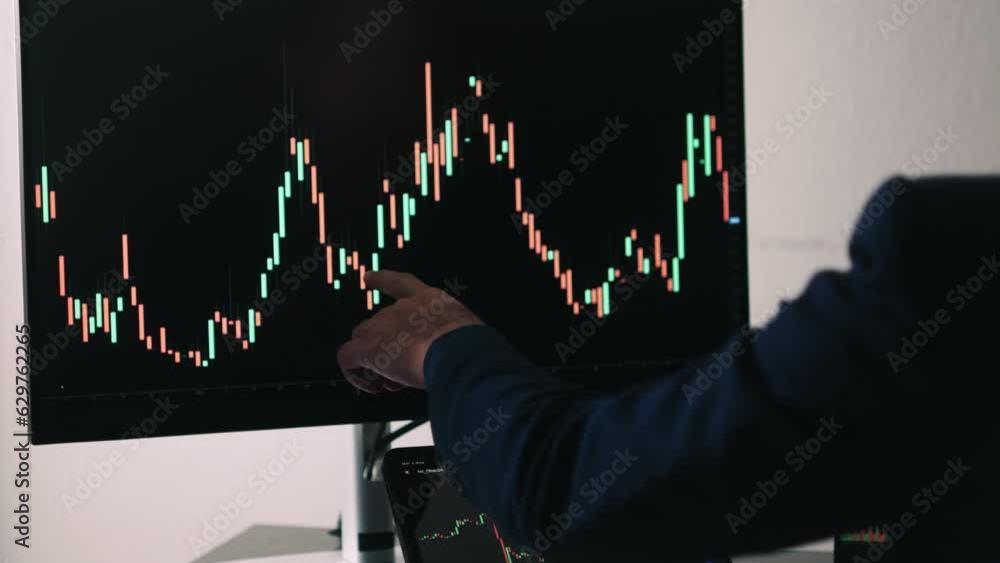 Poster Back view of stock market broker in analyzing data and graphs on multiple computer screens while sitting in modern office.