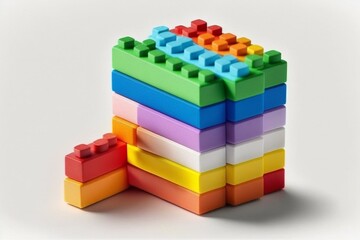 Rainbow stackable toy bricks on white background. Childhood education and construction concept. Generative AI