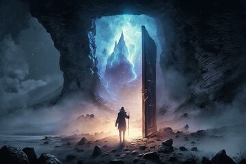 A mystical doorway on a strange landscape, with lightning and a wanderer in the mist. Generative AI