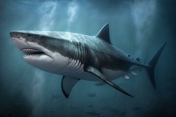A large predatory shark with a white belly and gray dorsal area. Generative AI