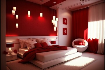 White and red bedroom with lighting. Generative AI