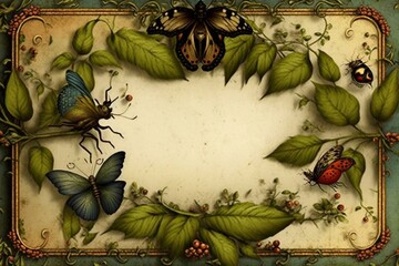 Old-fashioned backdrop adorned with a border and fluttering insects. Generative AI