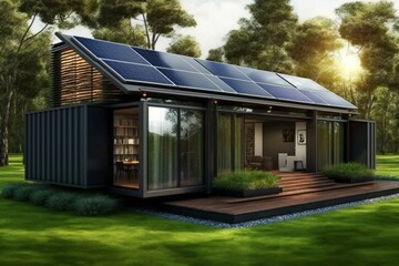 Eco-friendly converted shipping container house with solar roof panel for sustainable living. Generative AI