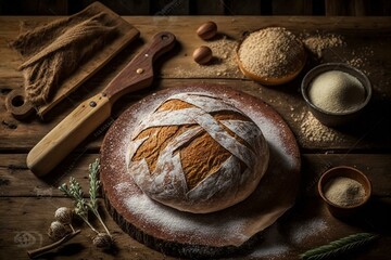 Fototapeta na wymiar Handmade bread on rustic wooden table. Traditional baking. Artisanal. Country style. Generative AI