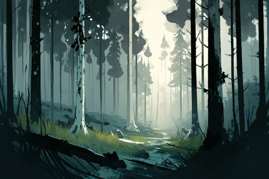 A digital, unfinished painting of a thick forest with brushy detail. 2D illustration. Generative AI