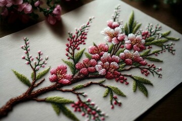 A handmade embroidered picture of a cherry blossom branch created with cross stitch technique. Generative AI