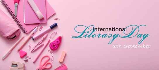 Banner for International Literacy Day with school stationery - obrazy, fototapety, plakaty