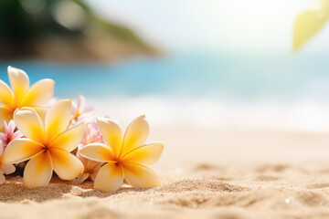 Fototapeta na wymiar Tropical Beach with Plumeria Flowers. Summer Abstract Background