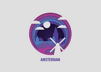 Netherlands Amsterdam creative paper cut layered craft vector illustration. Origami style city skyline travel art, isolated cutout graphic, round logo