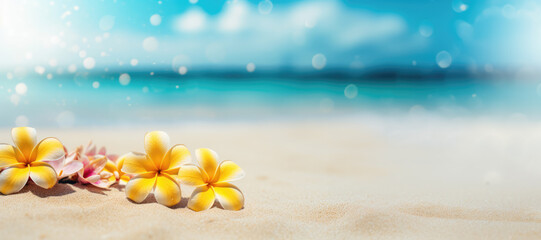 Tropical Beach with Plumeria Flowers. Summer Abstract Background