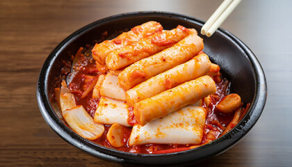 Korean rice cake stick with sausage in spicy sauce (Tteokbokki) - Korean food style