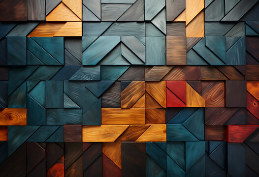 triangle wallpaper vintage blue yellow orange and brown, in the style of digital art techniques, geometric shapes © alex