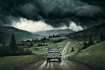 A pickup truck drives amidst a foreboding landscape of forest, hills and rainy clouds. Generative AI - obrazy, fototapety, plakaty