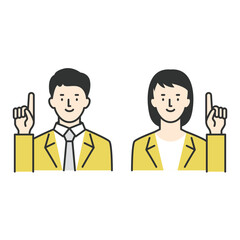 明るい表情で指差しポーズをするビジネスマン男性と女性