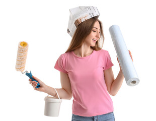 Young woman with wallpaper, roller and glue on white background