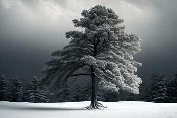 A tree in the snow surrounded by forest. Generative AI