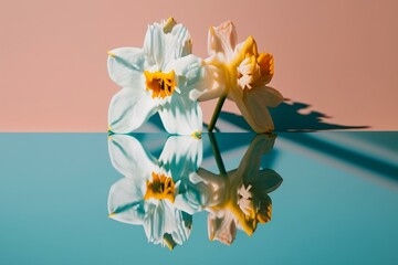 Narcissus flower and its reflection on light blue and pink background, representing self-love and minimalism. Generative AI