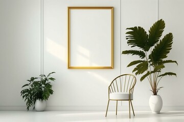 Empty frame on white wall with chair and plant in modern interior. Home staging and minimalism concept. Generative AI