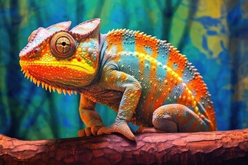 Obraz premium A colorful chameleon perched on a branch in its natural habitat