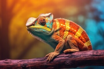 A vibrant chameleon perched on a tree branch, blending into its surroundings
