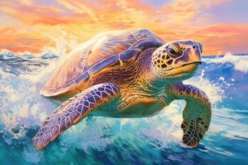 A vibrant underwater scene with a graceful turtle swimming in the ocean