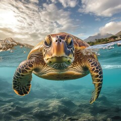 A turtle swimming in the ocean under a cloudy sky