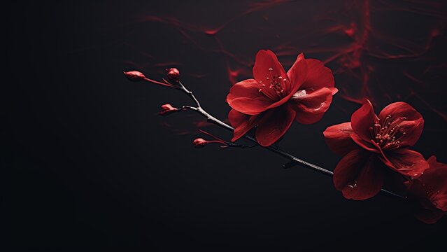 Top view and close-up image of beautiful blooming red rose flowers in corner on black background with copy space