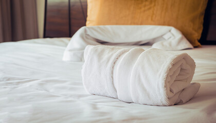 Fototapeta na wymiar White towel on bed decoration in bedroom interior - Vintage light Filter